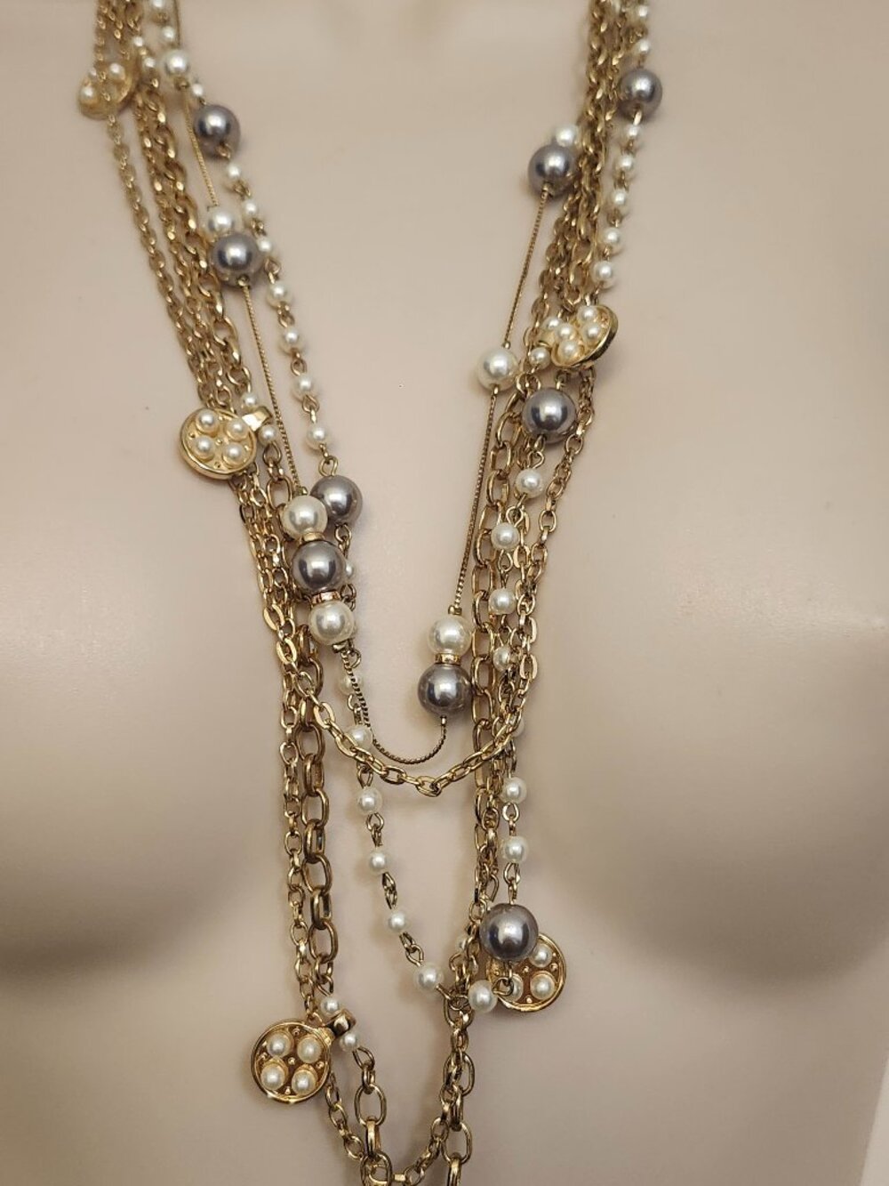Vintage New York & Company 5 Strand Faux Pearl & Chain Link Necklace 25-28"